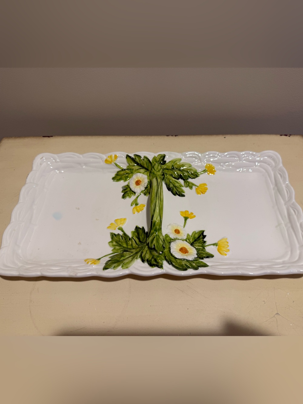 VIntage White Ceramic Daisy Floral Serving Dish